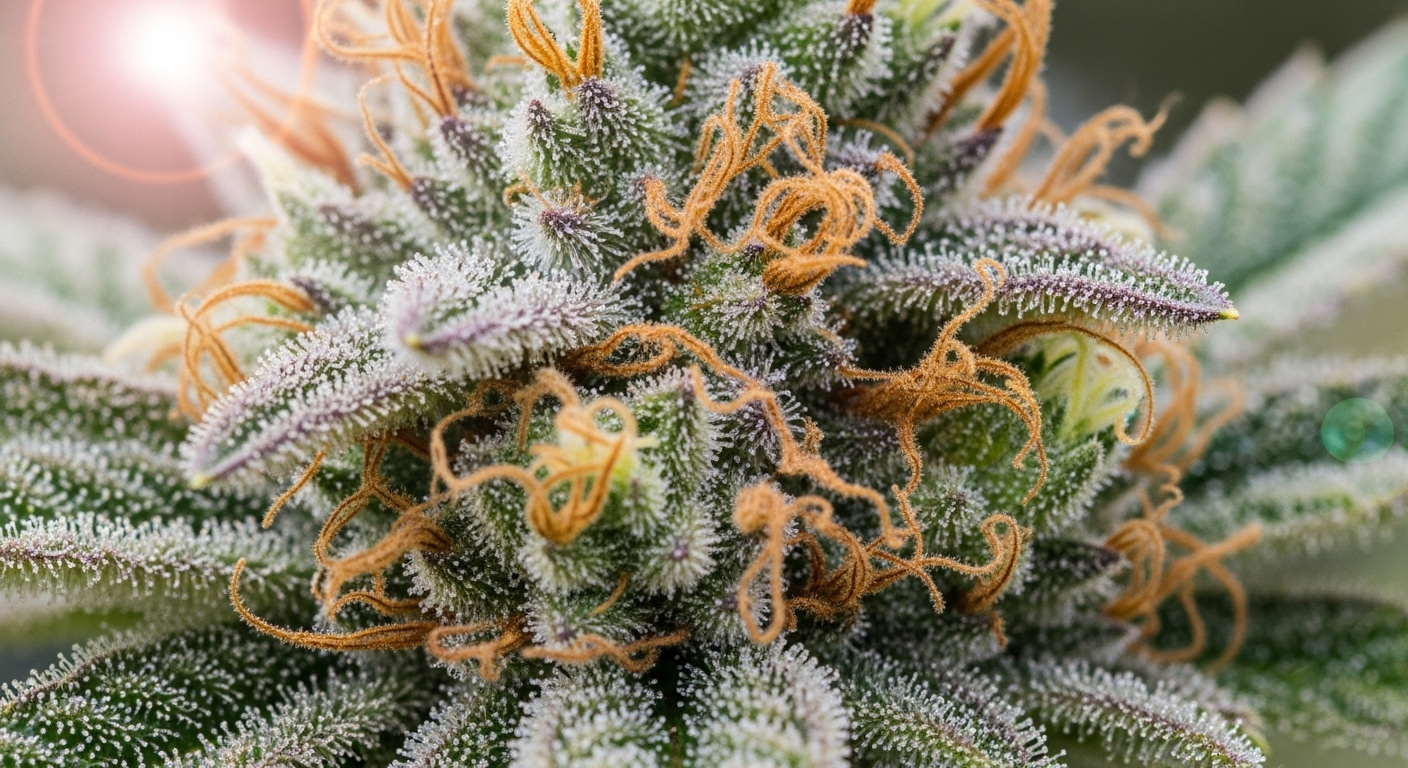 A detailed close-up of a healthy, trichome-rich cannabis bud growing outdoors, representing the high-quality results possible with heat-resistant strains.